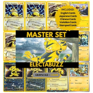 May include: A collection of Electabuzz Pokémon trading cards, including English, Japanese, and Chinese versions. The cards feature a yellow and black electric-type Pokémon with various designs, including holo and stamped cards. The set is labeled "MASTER SET".
