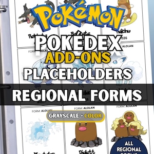 Puede incluir: Una página de archivador con marcadores de posición para complementos de la Pokédex de Pokémon para formas regionales. La hoja muestra varias ilustraciones de Pokémon de Alola, incluidos Raichu, Ninetales y Diglett, con etiquetas de texto en color y escala de grises.