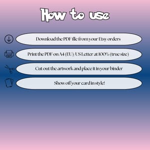 How to use instructions for printable Clefairy extended binder art, showing steps for downloading, printing, cutting and inserting the artwork to your binder.