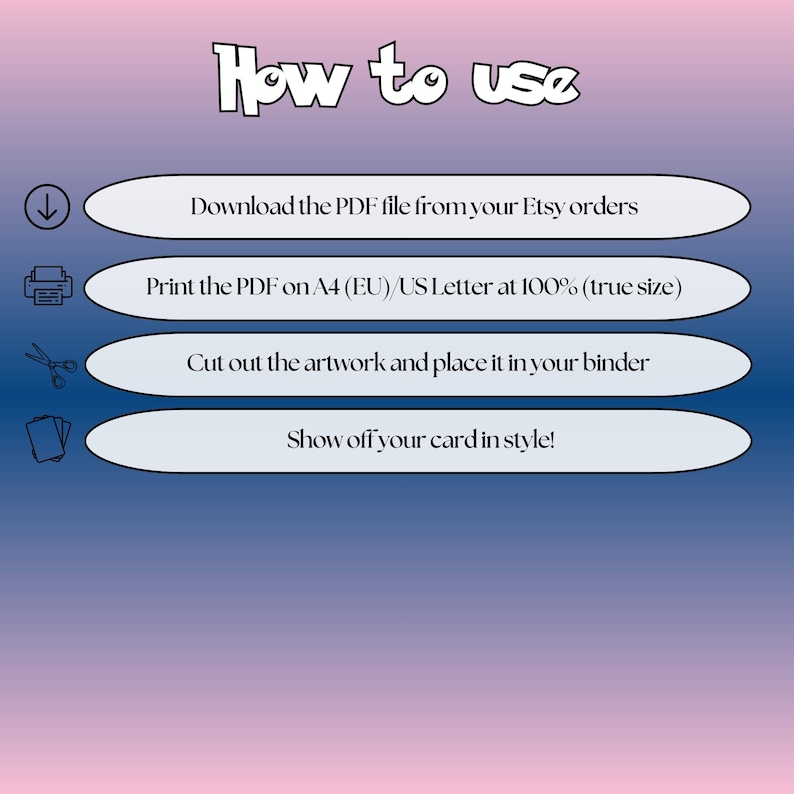 How to use instructions for printable Clefairy extended binder art, showing steps for downloading, printing, cutting and inserting the artwork to your binder.