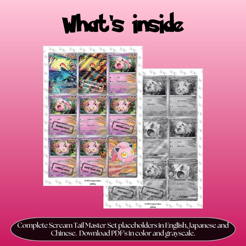 Scream Tail binder pages set overview showing the included Pokémon cards to print and cut for your binder sleeves.