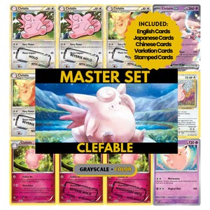 May include: A collection of Clefable Pokémon cards, including English, Japanese, and Chinese versions. The cards feature pink Clefable illustrations and text that reads "MASTER SET" and "CLEFABLE". Some cards are labeled "HOLO" and "REVERSE HOLO".
