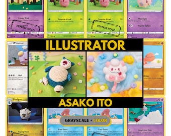 Asako Ito Illustrator Set Pärmsidor, Pokémon Platshållarkort, Utskrivbar PDF och Digital Nedladdning