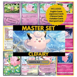 Puede incluir: Una colección de cartas coleccionables Pokémon Clefairy. Las cartas presentan varias ilustraciones del Pokémon rosa de tipo hada. El conjunto incluye cartas en inglés, japonés, chino y de variación, con algunas cartas estampadas. El texto "MASTER SET" y "CLEFAIRY" son visibles.