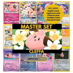 May include: A collection of Cleffa Pokémon trading cards. The cards feature a pink and brown creature with various designs and text, including "MASTER SET" and "CLEFFA." The image also includes text indicating the set includes English, Japanese, Chinese, and variation cards.