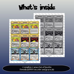 Snorlax Cameo binder pages set overview showing the included Pokémon cards to print and cut for your binder sleeves.