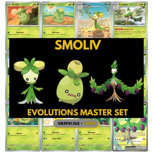 以下が含まれることがあります： Smoliv、Dolliv、Arbolivaのキャラクターが描かれたトレーディングカードのコレクション。中央のグラフィックには、黒い背景にこれら3体の緑色の植物のような生き物が配置されており、SMOLIV EVOLUTIONS MASTER SETというテキストが表示されています。