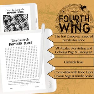 Op de afbeelding: Een witte Kobo e-reader met stylus, met een woordzoeker en doolhof. De afbeelding promoot "Fourth Wing" puzzels voor Kobo, inclusief 23 puzzels, verhalen en kleurplaten. Compatibel met Kobo Libra Colour, Sage & Kindle Scribe.