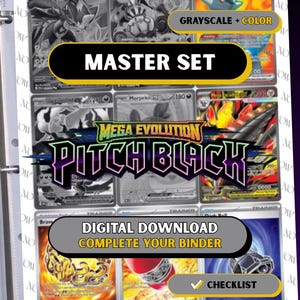 May include: A digital download master set checklist for Pitch Black Mega Evolution trading cards. The document features a grid of grayscale and color card illustrations, including Rampardos and Morpeko, with text overlays stating Master Set, Digital Download, Complete Your Binder, and Checklist.