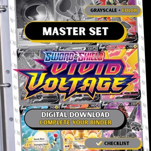 May include: A binder page displaying trading cards, with the text "MASTER SET" and "VIVID VOLTAGE". The cards are a mix of grayscale and colour, with the text "GRAYSCALE + COLOR" and "DIGITAL DOWNLOAD COMPLETE YOUR BINDER".