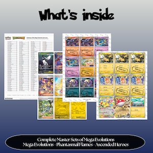 Complete Mega Evolution Set with Ascended Heroes and Phantasmal Flames master set overview showing the included Pokémon cards to print and a full color checklist for the Mega Evolution binder.