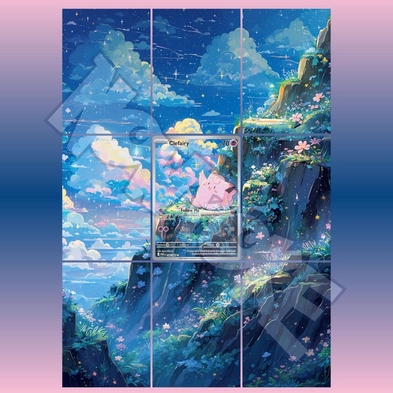 Clefairy card displayed in extended binder artwork, styled as premium extended binder art for Pokémon collectors. Shows what you will receive as a PDF to download and print.