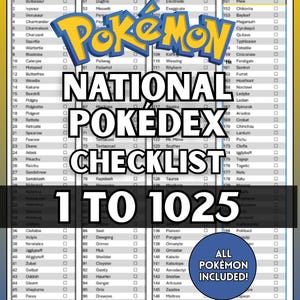 以下が含まれることがあります： ポケモンロゴと1から1025までのポケモンのリストが特徴の、ナショナルポケモン図鑑チェックリスト。チェックリストには、「すべてのポケモンが含まれています！」というテキストが入った青い円が含まれています。