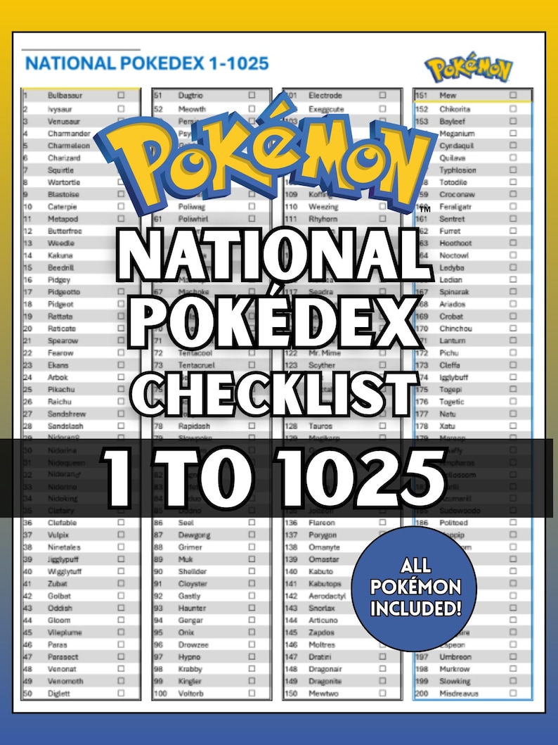 Pokedex Checklist.pdf National Pokédex Checklist 1-1025 (printable + Digital Download) - Etsy