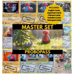May include: A collection of Probopass trading cards featuring various illustrations and text including Master Set, Probopass, and Grayscale + Color. The cards display the character in different settings, with a central image of a Probopass in a field.