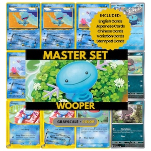 Puede incluir: Una colección de cartas coleccionables Pokémon de Wooper. Las cartas presentan al personaje azul Wooper con varios fondos y diseños. El conjunto incluye cartas en inglés, japonés, chino y variantes, además de algunas cartas estampadas. El texto "MASTER SET" y "WOOPER" también es visible.