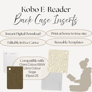May include: An advertisement for Kobo E-Reader back case inserts. The image includes the text "Kobo E-Reader Back Case Inserts", "Instant Digital Download", "Print at home to true size", "Editable in free Canva", and "Reusable Templates". The inserts are compatible with Clara Colour/B&W, Libra Colour, Sage, and Elipsa 2E.