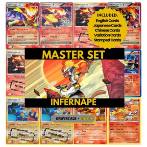 Może przedstawiać: Kolekcja kart kolekcjonerskich Pokémon Infernape. Karty przedstawiają różne ilustracje Infernape w akcji, z tekstem takim jak "Burning Head" i "Flare Up". Zestaw zawiera karty angielskie, japońskie i chińskie.