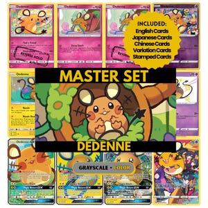 Könnte beinhalten: Eine Sammlung von Dedenne Pokémon-Sammelkarten. Die Karten zeigen verschiedene Illustrationen des Dedenne-Charakters, mit Text wie "MASTER SET" und "Dedenne". Die Karten sind in Englisch, Japanisch und Chinesisch.