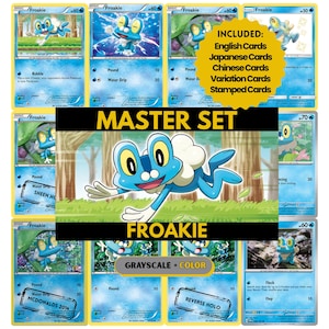 Pode incluir: Uma coleção de cartas colecionáveis Froakie com várias ilustrações da criatura azul semelhante a um sapo. A imagem inclui etiquetas de texto como MASTER SET, FROAKIE, INCLUDED: English Cards, Japanese Cards, Chinese Cards, Variation Cards, Stamped Cards, GRAYSCALE + COLOR, SHEEN HO, MCDONALDS 2014 e REVERSE HOLO.