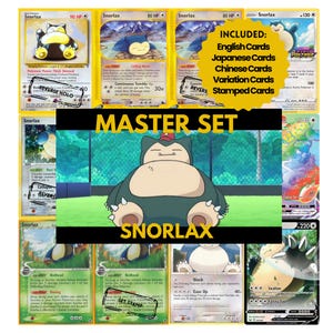 Páginas para carpeta del set maestro de Snorlax, tarjetas de marcador de posición de Pokémon, PDF imprimible y descarga digital.