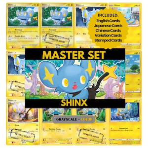 May include: A collection of Shinx Pokémon trading cards. The cards feature a blue Shinx character with yellow accents. The set includes English, Japanese, and Chinese cards, as well as variation and stamped cards. The words "MASTER SET" and "SHINX" are displayed.