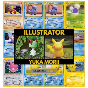 May include: A collection of Pokémon trading cards and figurines. The cards feature various Pokémon characters, including Shuckle, Quagsire, and Jumpluff. The figurines include a Ralt and Pikachu. The text "ILLUSTRATOR" and "YUKA MORII" are visible.