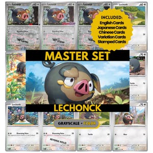 May include: A selection of Lechonk Pokémon trading cards. The cards showcase a cartoon pig character in different poses and designs. The set includes English, Japanese, Chinese, and variation cards, with grayscale and colour options. The text "MASTER SET" and "LECHONCK" are visible.