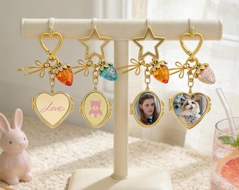 Personalized Golden Photo Keychain, Mirror & Strawberry Charm