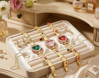 Personalized Gold Heart Italian Charm Watch,Custom Photo or Text DIY Stainless Steel Bracelet, Mother's Day Gift Graduation Gift for Her