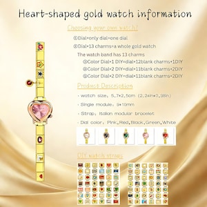 Reloj italiano personalizado con dije de corazón dorado, pulsera modular DIY con foto y texto personalizados, correa de acero inoxidable imagen 4