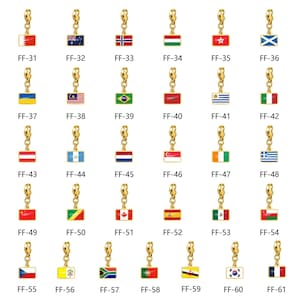 May include: A collection of gold-toned metal flag charms, each featuring a rectangular enamel national flag and a small lobster clasp. The charms are arranged in a grid, labeled from FF-31 to FF-61, showcasing various international flags.
