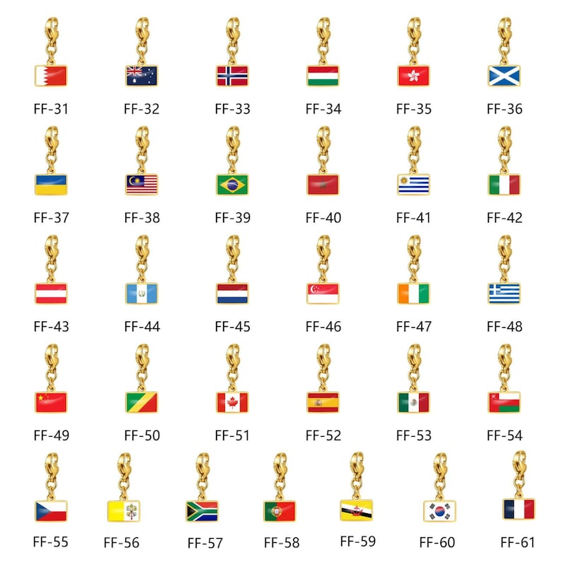 May include: A collection of gold-toned metal flag charms, each featuring a rectangular enamel national flag and a small lobster clasp. The charms are arranged in a grid, labeled from FF-31 to FF-61, showcasing various international flags.