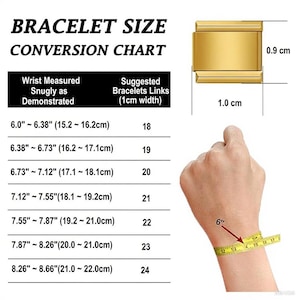Puede incluir: Una tabla de conversi&oacute;n de tallas de pulseras con texto y medidas. La tabla incluye medidas de mu&ntilde;eca en pulgadas y cent&iacute;metros, con los tama&ntilde;os de eslabones de pulsera correspondientes. Se muestra una mano con una cinta m&eacute;trica alrededor de la mu&ntilde;eca, midiendo 15.2 cm.