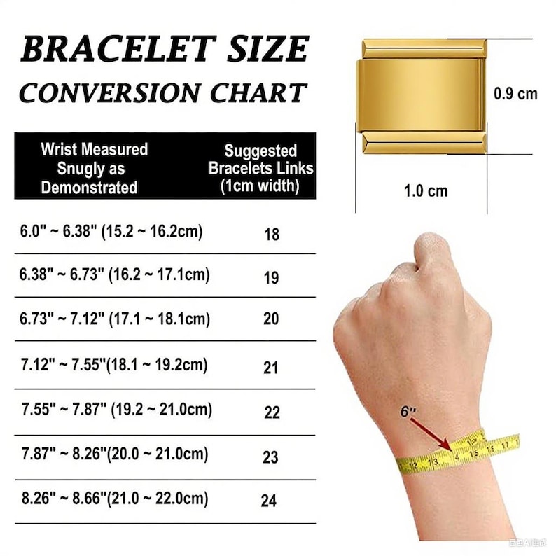 Puede incluir: Una tabla de conversi&oacute;n de tallas de pulseras con texto y medidas. La tabla incluye medidas de mu&ntilde;eca en pulgadas y cent&iacute;metros, con los tama&ntilde;os de eslabones de pulsera correspondientes. Se muestra una mano con una cinta m&eacute;trica alrededor de la mu&ntilde;eca, midiendo 15.2 cm.