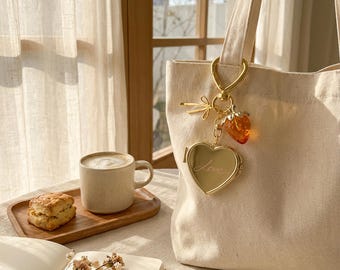 Custom Mirror Keychain, Strawberry Charm, Personalized Golden Star Bag Charm