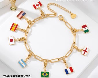 International Country Flag Charm Bracelet, Gold Plated Adjustable Paperclip Chain, World Flags Jewelry, Gift for Sports Fans