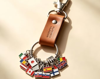 Country Flag Charms Keychain, Custom Enamel Modular Flag Links Keyring, Gold Stainless Steel Travel Charm, World Traveler Keepsake Gift