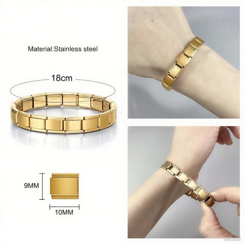 Puede incluir: Pulsera dorada de acero inoxidable, de 18 cm de largo, con eslabones rectangulares. La pulsera se muestra en una mu&ntilde;eca y tambi&eacute;n por separado. Los eslabones miden 9 mm x 10 mm.
