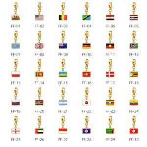 May include: A collection of thirty rectangular gold-toned metal charms, each featuring a different national flag in enamel. Each charm is labeled with a code from FF-01 to FF-30 and includes a small gold jump ring at the top for attachment.