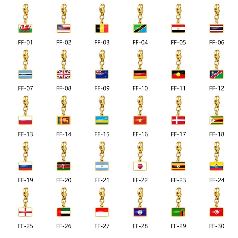 May include: A collection of thirty rectangular gold-toned metal charms, each featuring a different national flag in enamel. Each charm is labeled with a code from FF-01 to FF-30 and includes a small gold jump ring at the top for attachment.