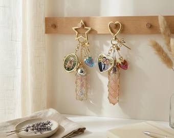 Custom Photos Mirror Keychain & Lipstick Holder, Strawberry Golden Bag Charms Stylish Valentine's Day Personlized Gifts