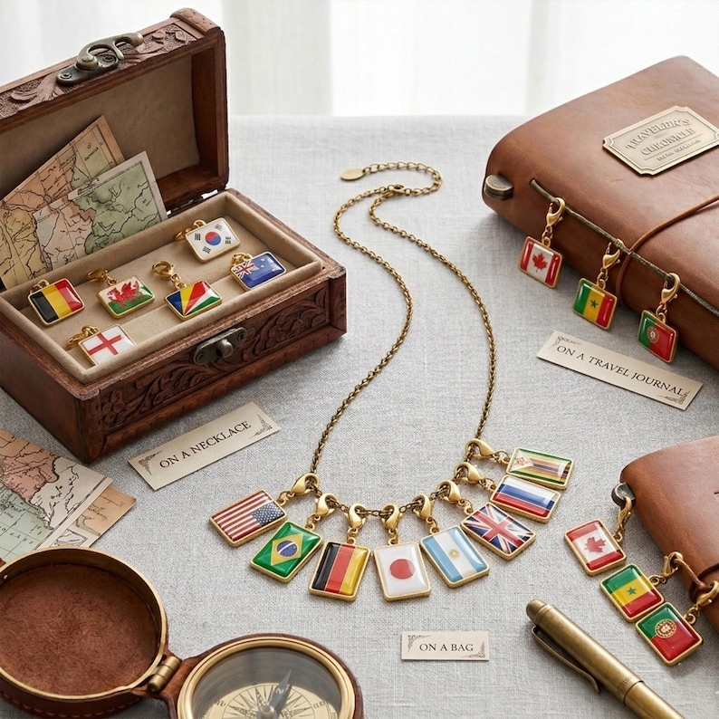 May include: A gold-tone chain necklace featuring multiple rectangular charms, each displaying a different national flag. Additional flag charms are stored in a wooden box and attached to a brown leather journal. Small paper labels read ON A NECKLACE, ON A TRAVEL JOURNAL, and ON A BAG.