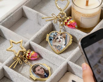 Personalized Photo Mirror Keychain, Strawberry Golden Bag Charm