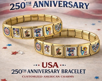America 250th Anniversary Italian Charm,Custom Engraved 1776–2026 Commemorative Bracelet, Personalized USA 250 Celebration Gift