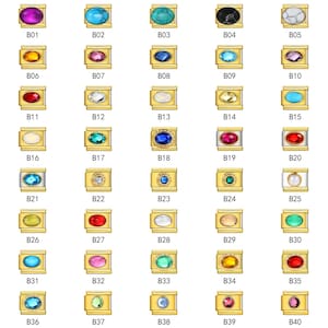 Puede incluir: Una colecci&oacute;n de cuarenta abalorios dorados, cada uno con una piedra preciosa de diferente color. Las piedras preciosas incluyen p&uacute;rpura, turquesa, verde azulado, negro, blanco, amarillo, rosa, azul, azul claro, rojo y verde. Cada abalorio est&aacute; numerado.