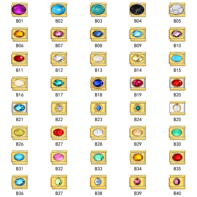 Puede incluir: Una colecci&oacute;n de cuarenta abalorios dorados, cada uno con una piedra preciosa de diferente color. Las piedras preciosas incluyen p&uacute;rpura, turquesa, verde azulado, negro, blanco, amarillo, rosa, azul, azul claro, rojo y verde. Cada abalorio est&aacute; numerado.