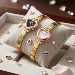 Puede incluir: Dos relojes dorados en forma de coraz&oacute;n con pulseras de abalorios decorativas. Uno tiene esfera negra, el otro blanca. Los relojes descansan sobre una almohada gris, rodeados de abalorios y cristales decorativos.