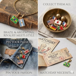 May include: A collection of gold-toned metal charms featuring various national flags, including Brazil, Argentina, the United States, Japan, France, Germany, Portugal, and the United Kingdom, with some charms attached to a gold chain or a denim jacket.
