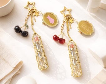 Custom Photos Mirror Y2K Lipstick Mesh Bag Double Cherry Keychain Personalized Gift for her Valentine's Day gift, Keepsake gift